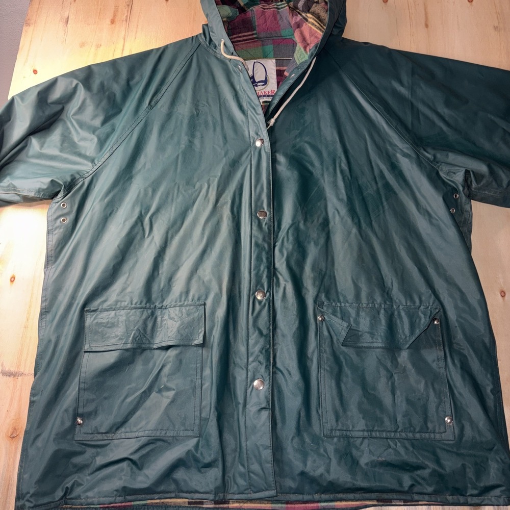 Vintage Sailmaker Rain Jacket Mens 3X Green Hooded Slicker Plaid Lined Waterproo